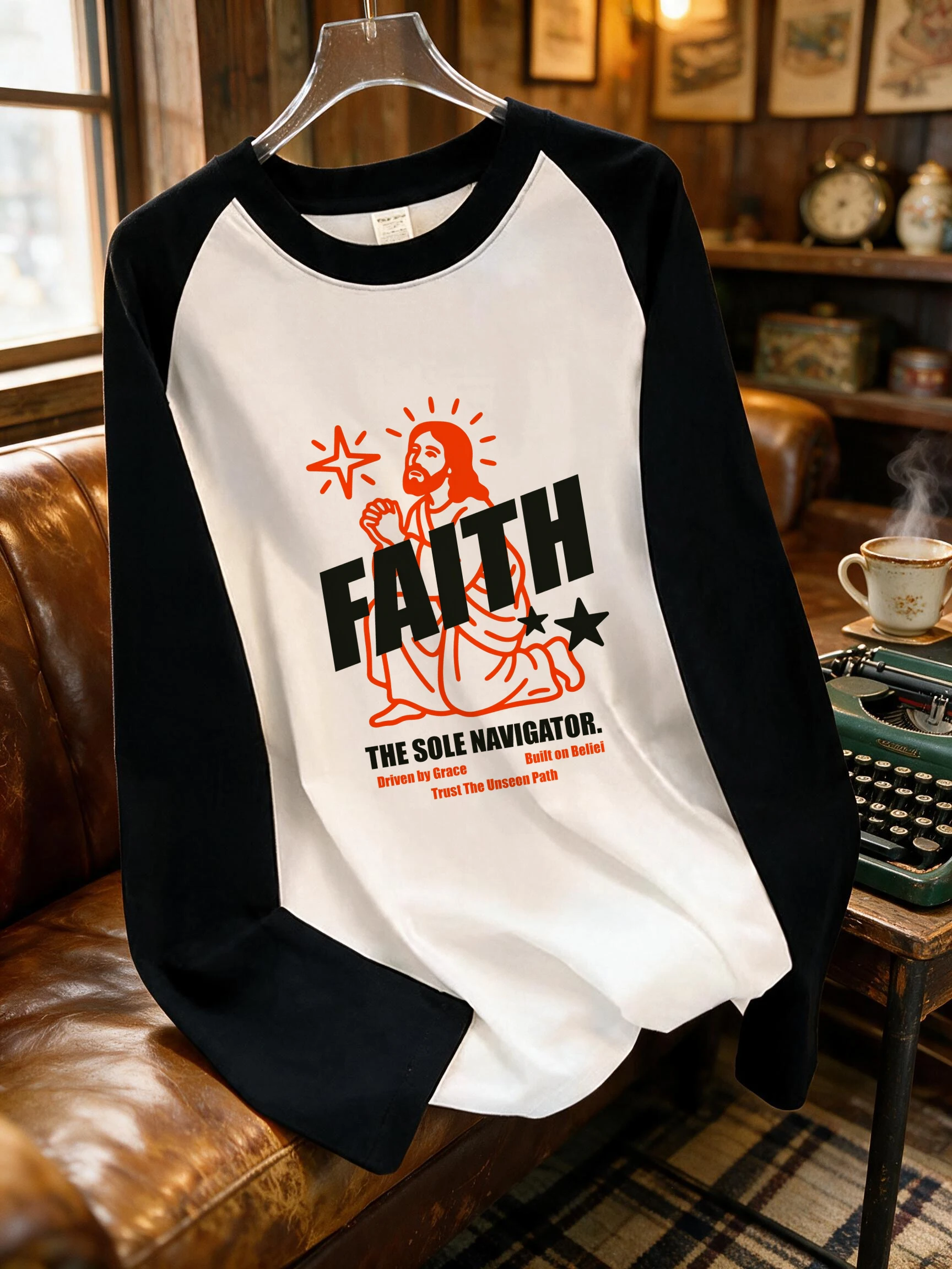 Women's Casual Crew Neck Raglan Long Sleeve T-shirt Graphic Y2k T Shirt Clothes Female Jesus and Letter Faith Print Tees Tops