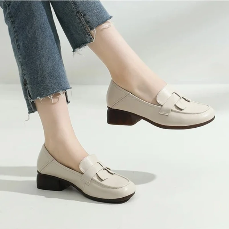 

Женские лоферы на низком каблуке с неглубоким носком, 2021, удобная весенняя нескользящая женская обувь из натуральной кожи, ручная работа