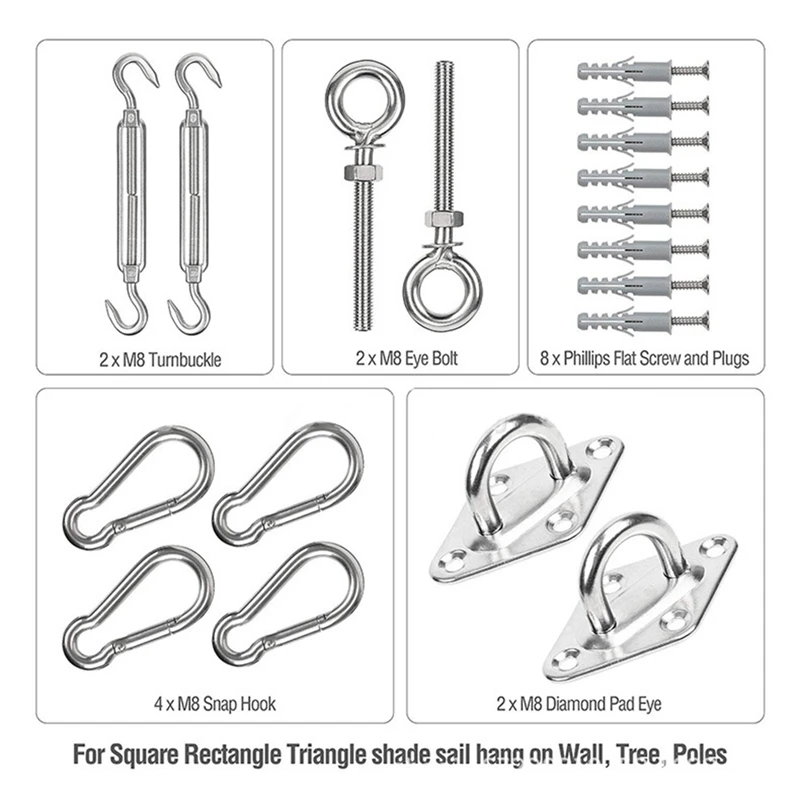 26 PCS Shade Sail Canopy Accessory Hardware Kit Rhombic Buckles Hanger Screws Turnbuckle Clip Hook