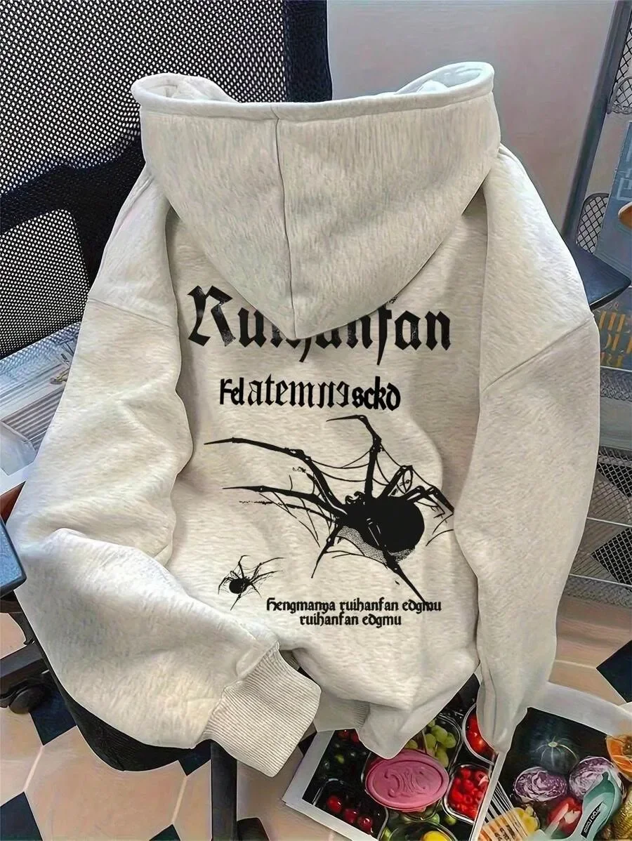 

Dark - Aesthetic Inspired Pure Cotton Hoodie Showcasing A Web - Crawling Spider Design - A Stylish Pick for Gothic Fashion Lover