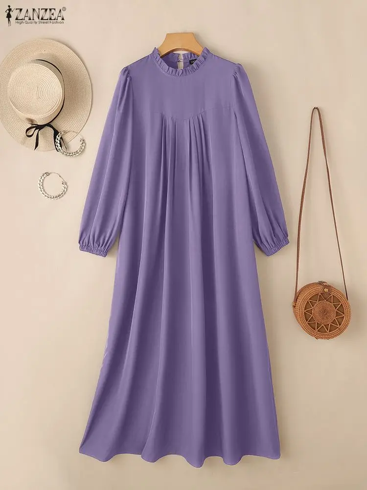 ZANZEA Frauen Modest Maxi Kleider Casual Oansatz Lange Ärmel Einfarbig Lose Versammelt Lange Kleider Muslimischen Hijabs Frau Kleidung