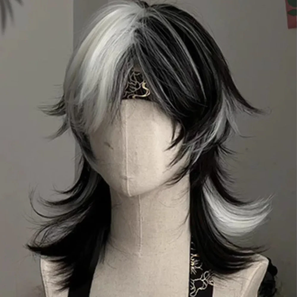 Black White Layered Mullet Head Short Straight Synthetic Wig Lolita Cosplay Fluffy Wolf Tailed Wig for Daily Party