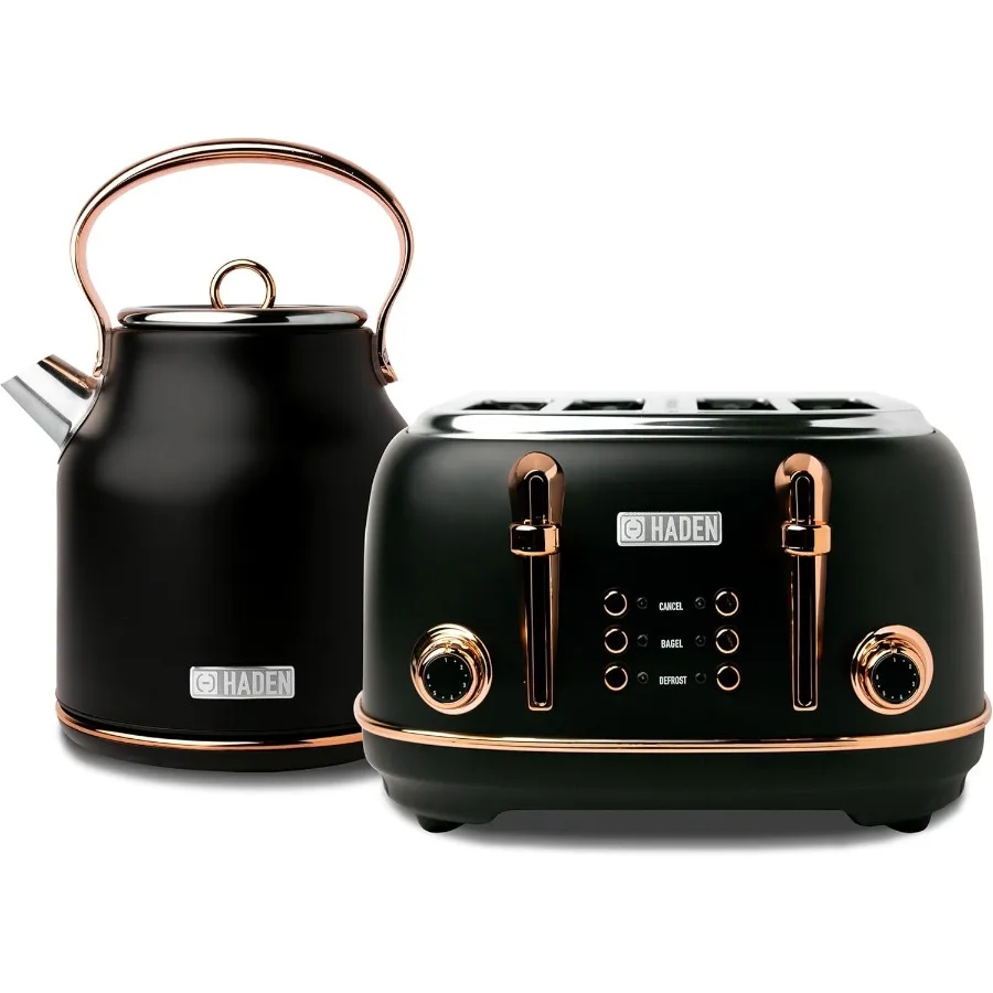 محمصة خبز من الفولاذ المقاوم للصدأ ذات فتحة واسعة مكونة من 4 شرائح مع غلاية مياه كهربائية من الفولاذ المقاوم للصدأ سعة 1.7 لتر من النحاس الأسود #1