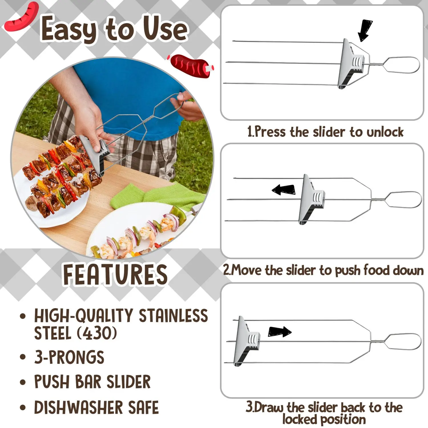 

3 Way Grill Skewers Kit Skewers For Grilling Stainless Steel Grilling Sticks With Push Bar For Kabobs Bbq Kitchen Supplies