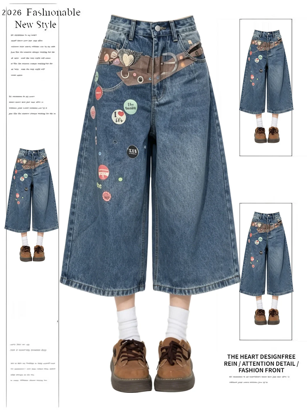 

Retro American Badge Printed High Waist Wide Leg Jeans Women Summer Design Loose Straight Cut Trousers Casual Blue Denim