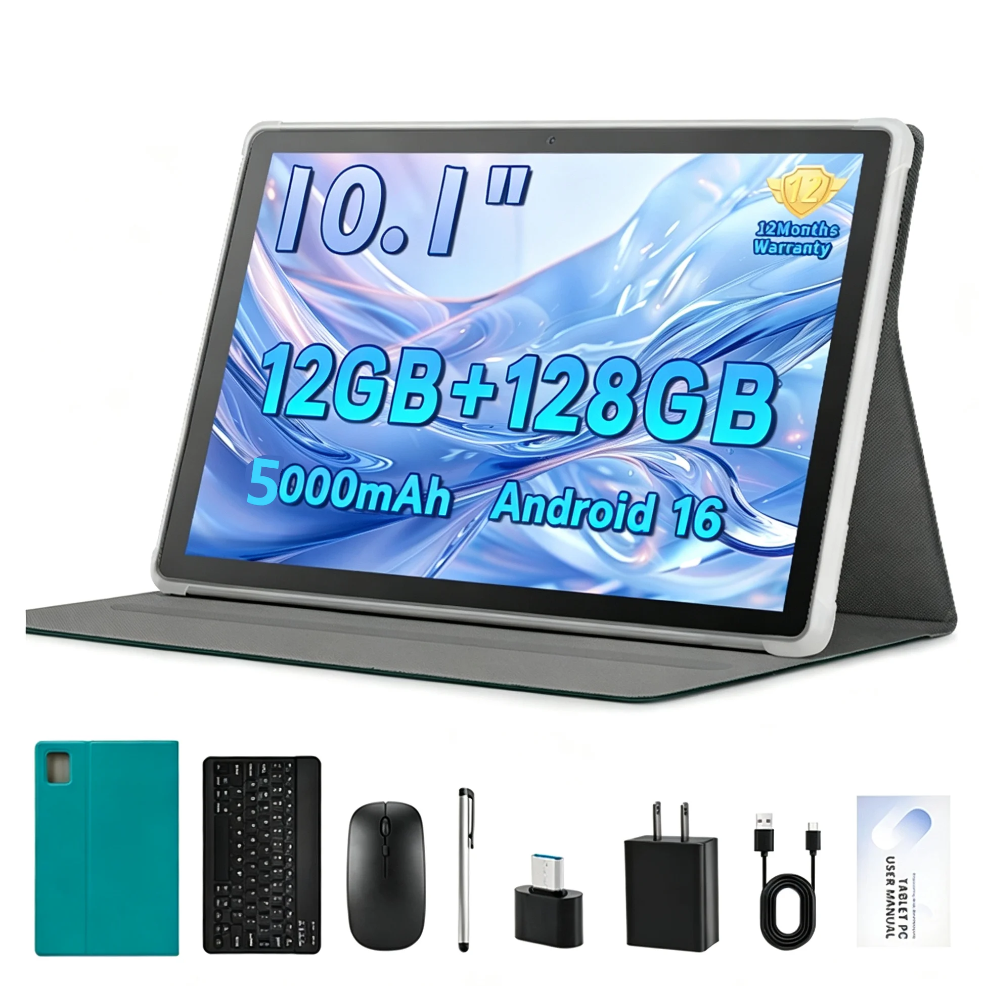 Android 16 Tablet 10,1 Zoll Octa-Core-Prozessor 12GB RAM 128GB ROM 1TB Erweiterbar Widevine L1 5000mAh Akku Dual-WLAN Bluetooth