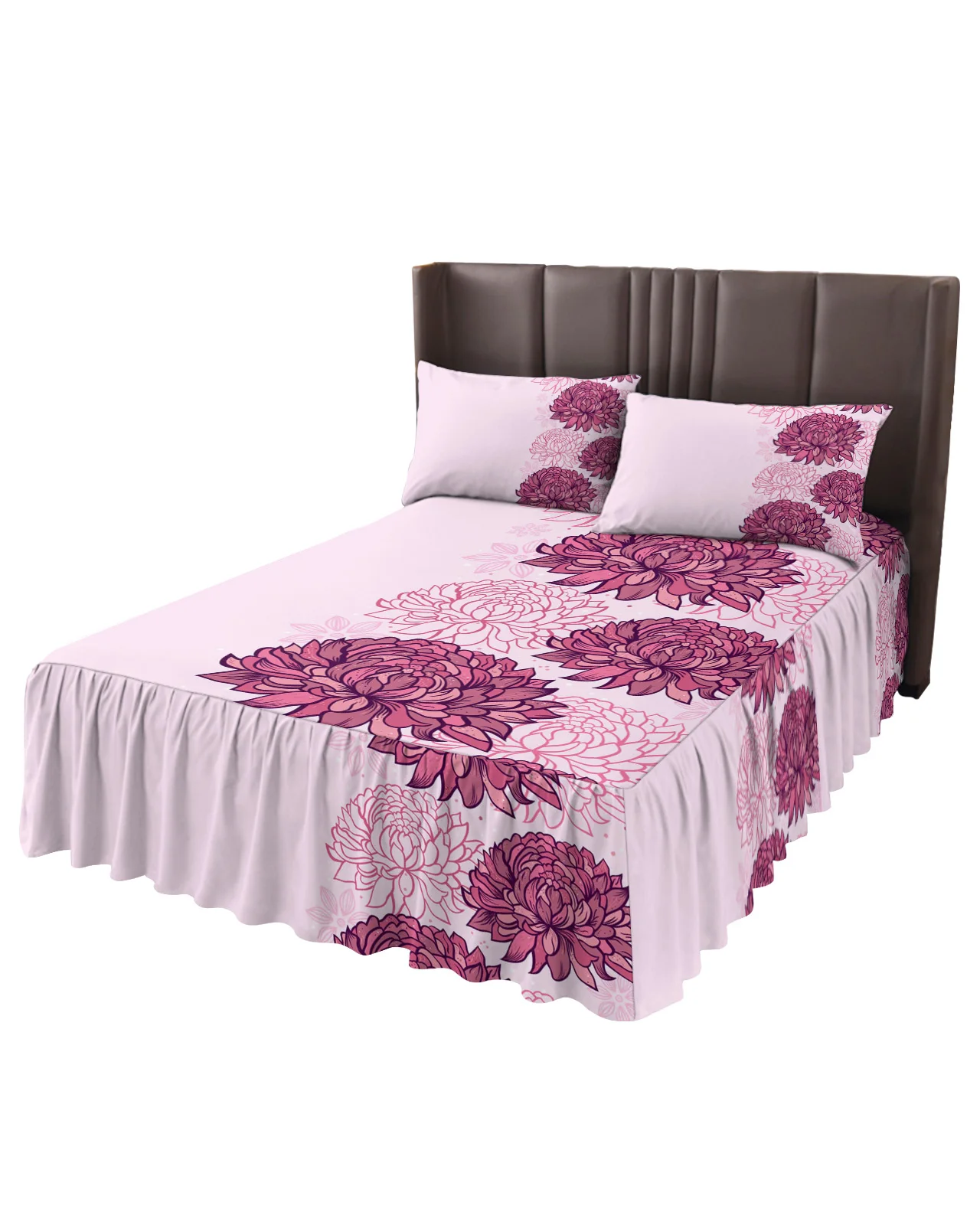 Pink Chrysanthemum Flower Texture Bed Skirt Elastic Fitted Bedspread With Pillowcases Mattress Cover Bedding Set Bed Sheet