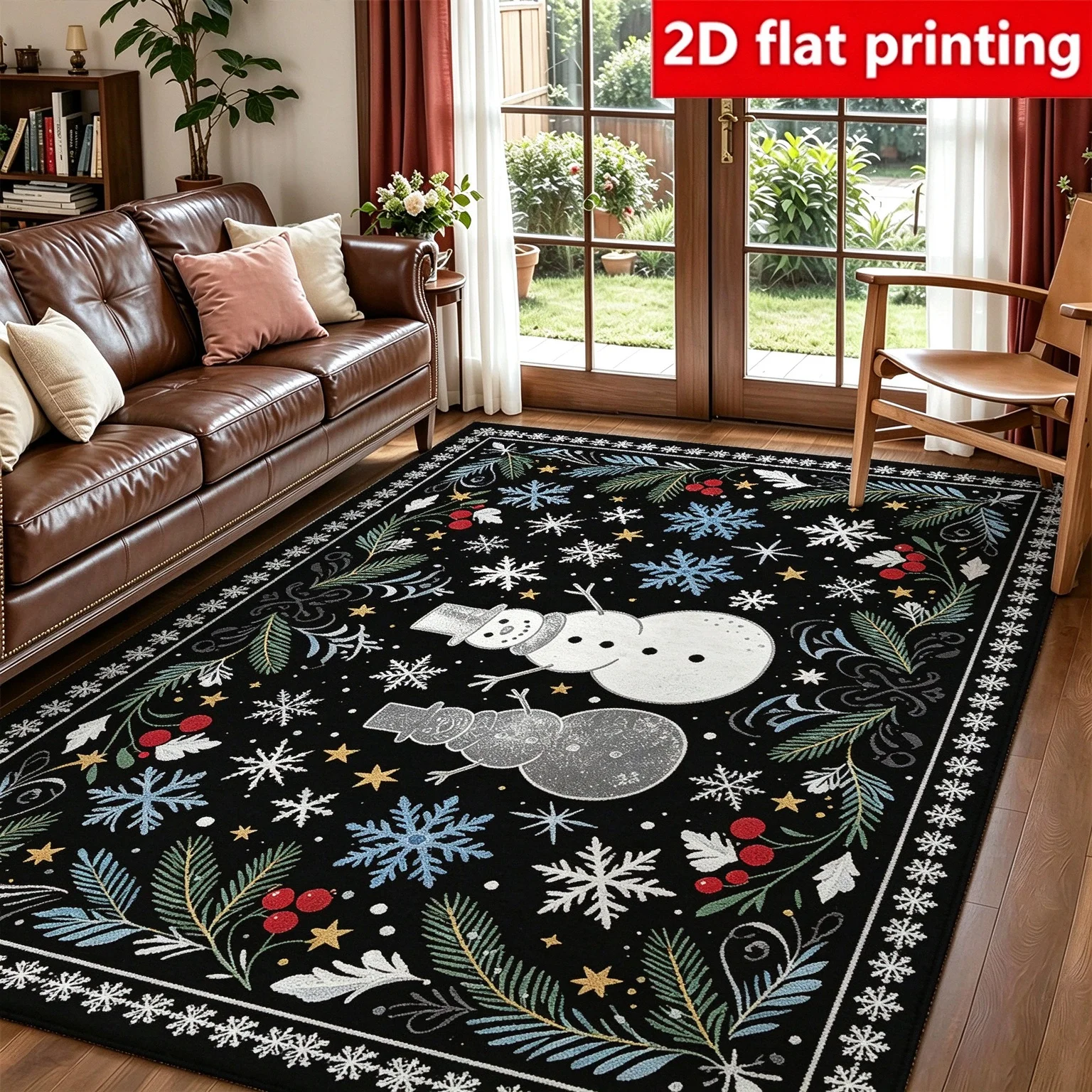 [2d Flat]1pc, Suitable for Living Room Dining Room Bedroom Entryway, Christmas, Black Background Snowman Snowflake Pine Branch Red Berry Star Pattern, Vintage Holiday Style