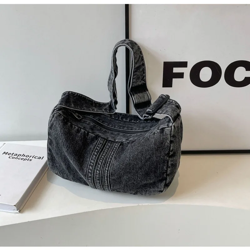 Women's Tote Bag 2024 New Washed Denim Art Minimalist Style Retro Crossbody Fashionable Commuting Shoulder Bag