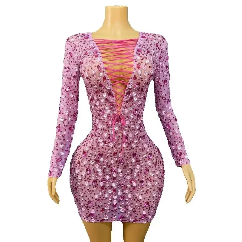 Ropa de baile de Jazz para mujer, vestido de fiesta con diamantes de imitación rosas, traje de noche Sexy con escote en V profundo, disfraz de Festival Dj Ds para club nocturno