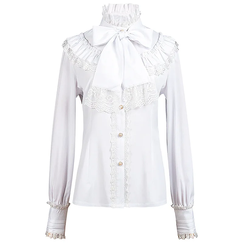 White Chiffon & Lace Ruffles Stand Collar Big Bow Lantern Sleeve Vintage Gothic Blouse Medieval Top Victorian Steampunk Clothing