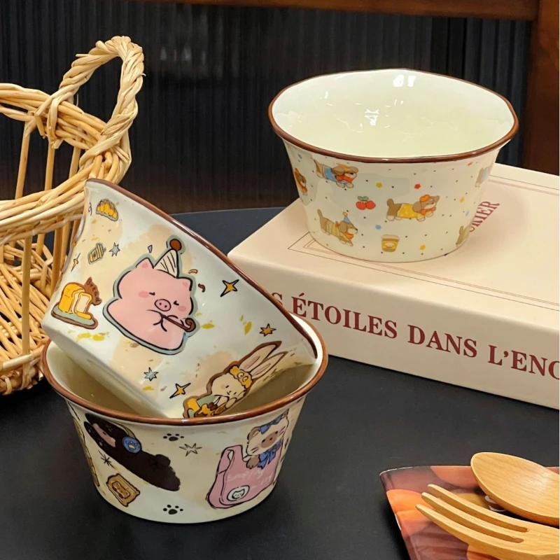 Household Ceramic Hand-molded Patterned Conical Bowl with High Creative Appearance Level, Household Cream-style Rice Bowls