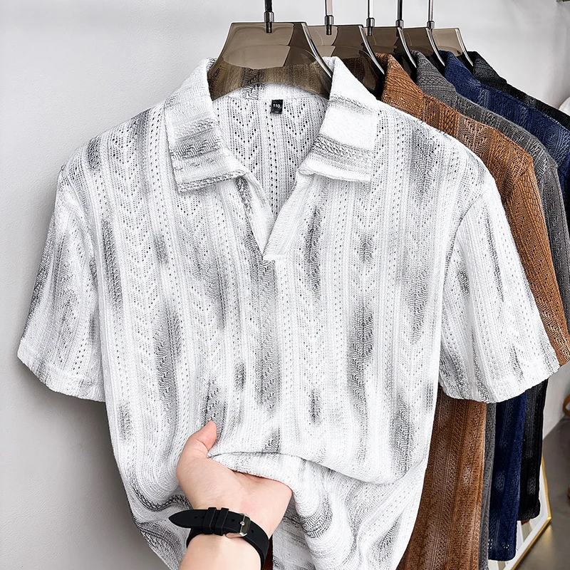 Summer Men's New Style Seagull Collar Printed Knitted Short-Sleeved Polo Shirt with Partial Open