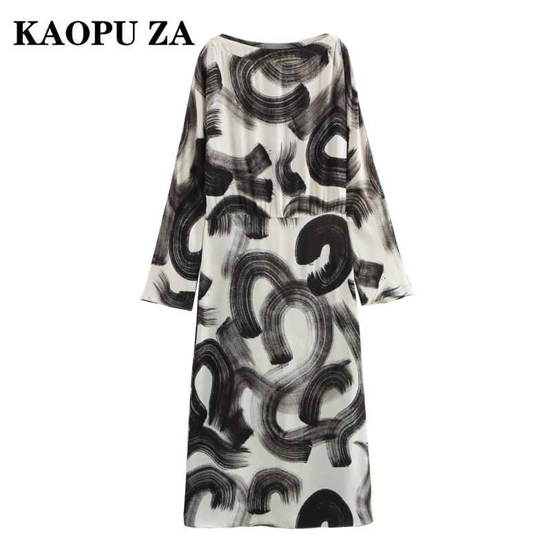 

KAOPU ZA Woman 2024 New Autumn Fashion Striped Print Side Zipper Dress Top Female Casual Ruffles Long Sleeve O-Collar Midi Skirt