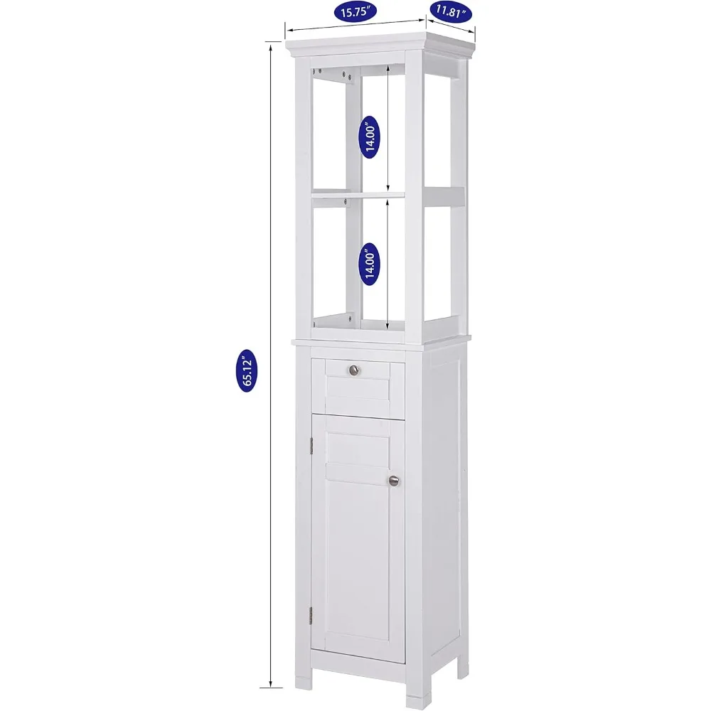 Home Bathroom Freestanding Storage Cabinet with Two Tier Open Shelves, Tall Slim Cabinet with Door and Drawer