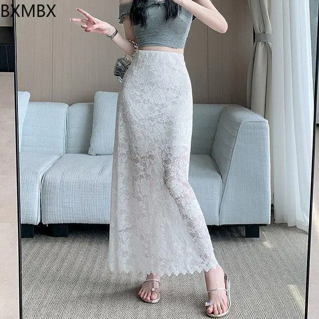 

Fashion elastic waist lace mesh skirt women's summer new elegant drape high waist thin medium and long skirt