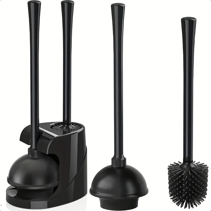 

2-in-1 Toilet Brush and Long-Handled Plunger Set - Rotating Head, Durable Black Plastic, Freestanding Bathroom Cleaning Tool Kit
