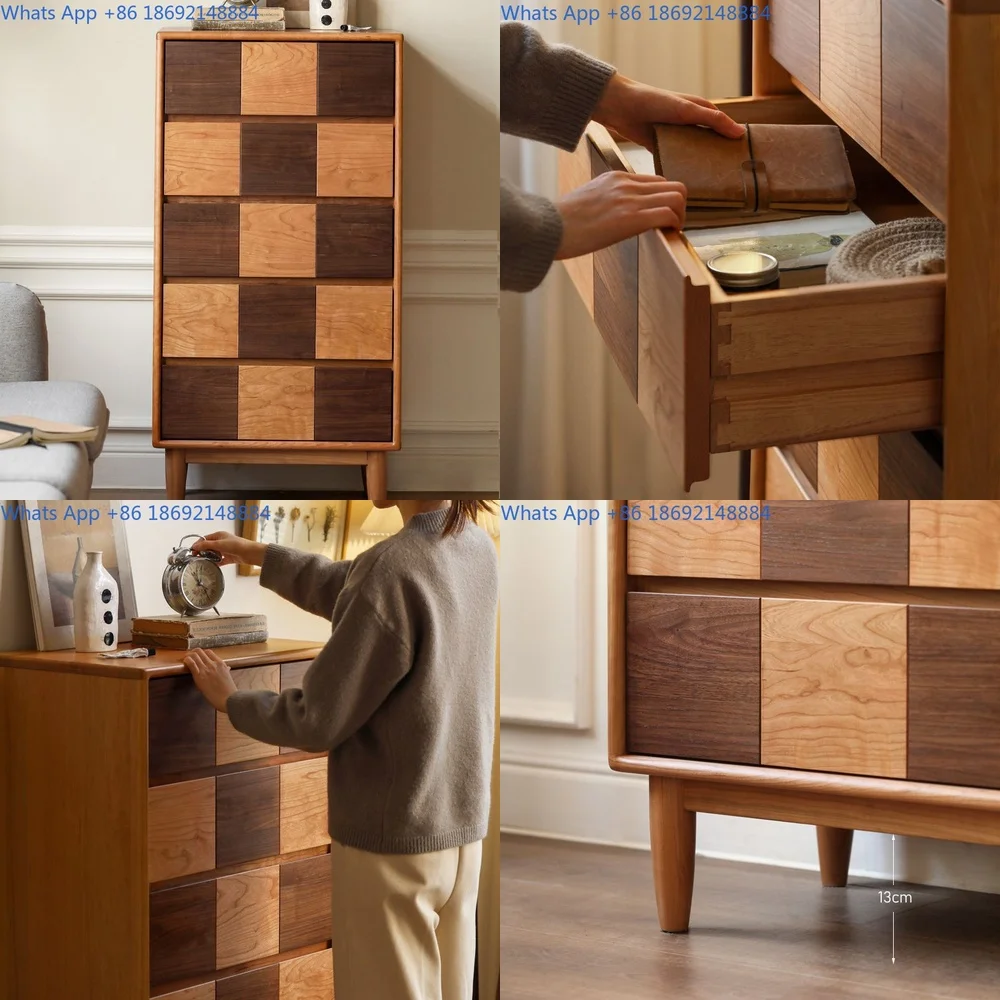 

Vintage 5 Drawer Chest with Checkerboard Design in Cherry and Black Walnut Wood for Bedroom Storage