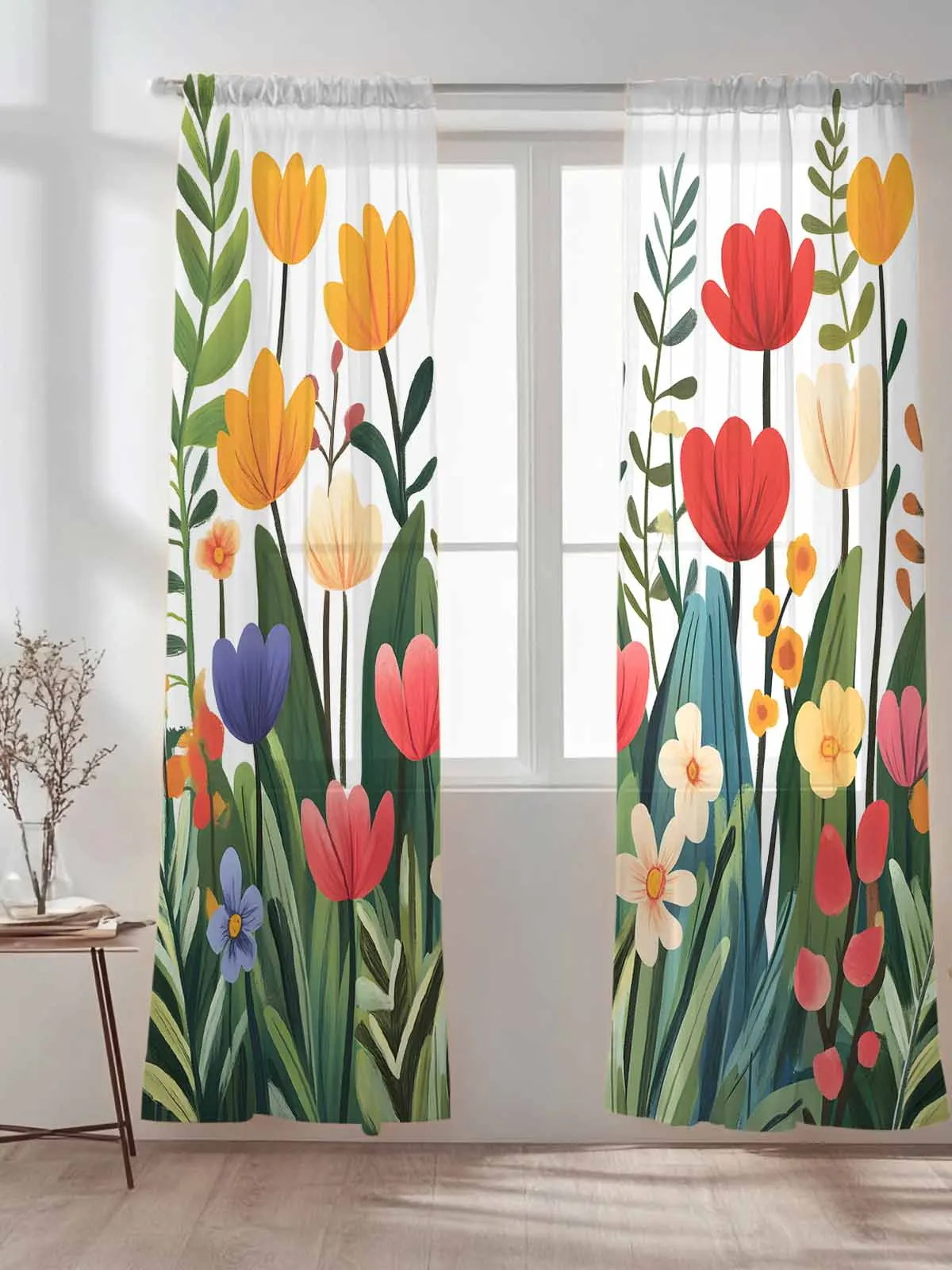 

Farmhouse Flowers Tulip Plants Sheer Tulle Curtains for Bedroom Living Room Voile Curtain for Children Organza Window Drapes