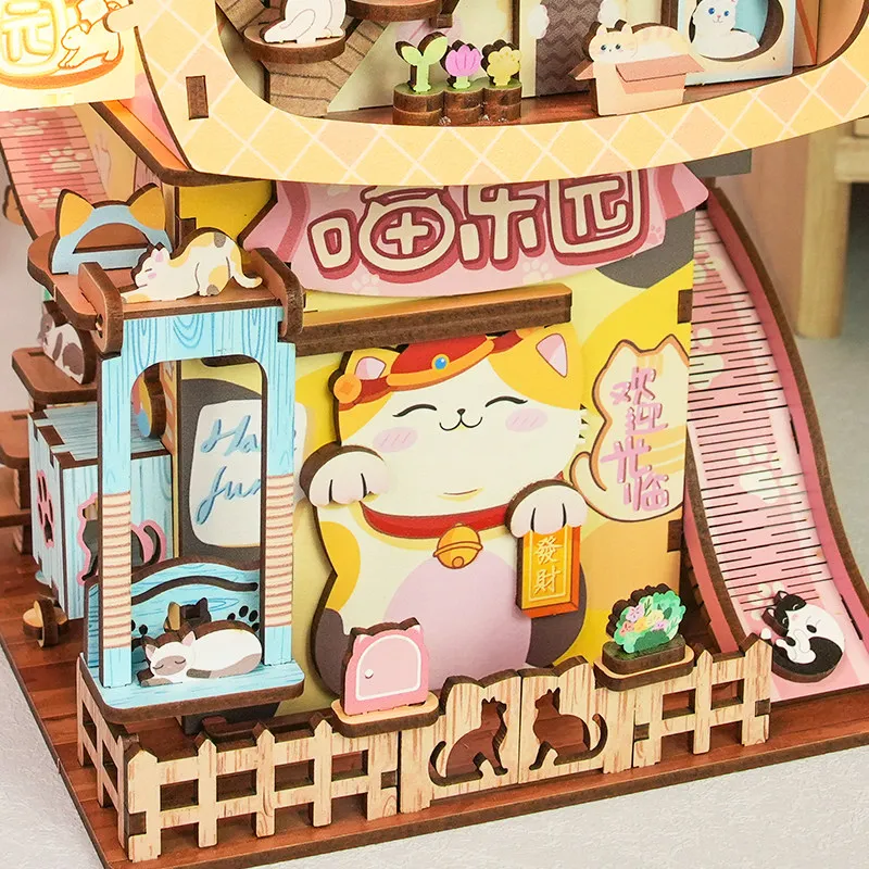 Smart Sensing Door DIY Katzenhäuschen-Bausatz mit LED-Beleuchtung, 174 Teile, Funktionaler Desktop-Aufbewahrungsorganizer Modell Kindergeschenk