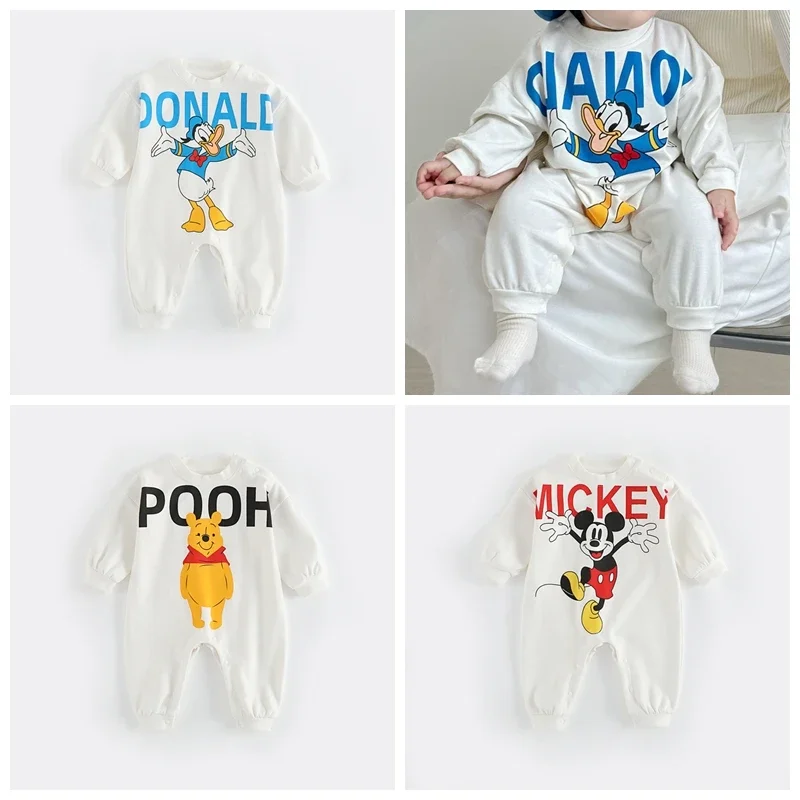 Disney Spring Autumn Newborn Baby Boys Long Sleeve Rompers Cartoon Donald Duck Mickey Pooh Clothes Girl Jumpsuit Infant Bodysuit