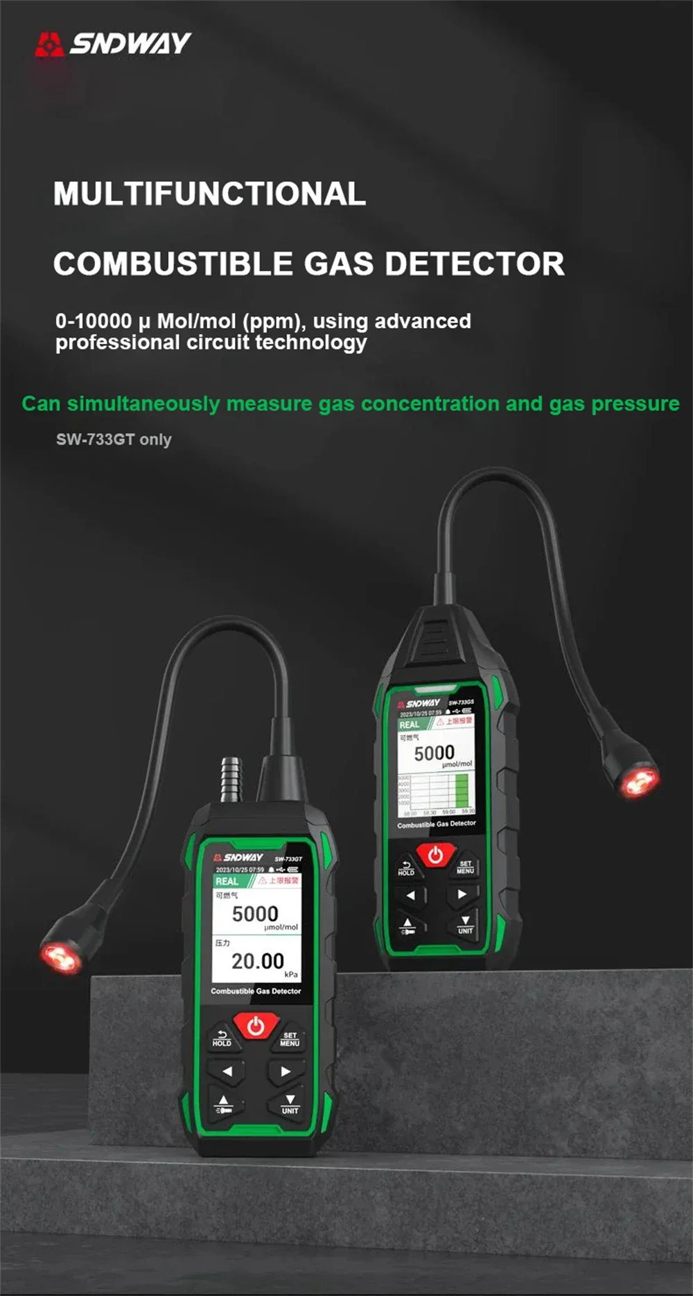 SNDWAY SW-733GS/GT كاشف تسرب الغاز القابل للاحتراق إنذار الغاز الطبيعي غاز البترول المسال الميثان الأيزوبوتان 10000 جزء في المليون أومول مول