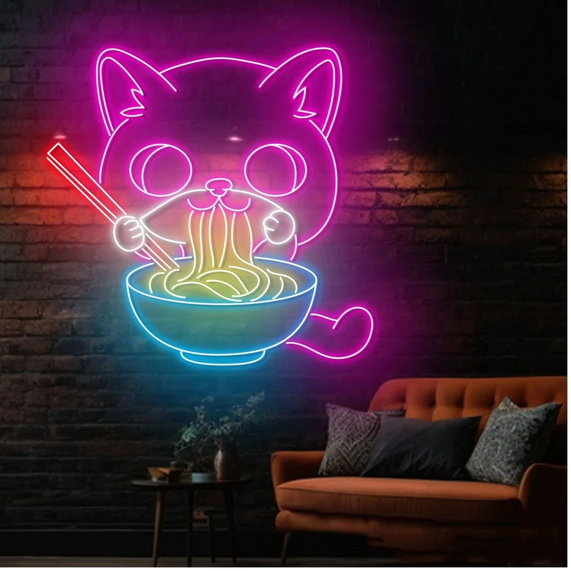 Cat Eating Ramen Neon Sign Noodle Bowl Cat Ramen Neon Japanese Ramen Sign Food Store Wall Art Restaurant Wall Decor