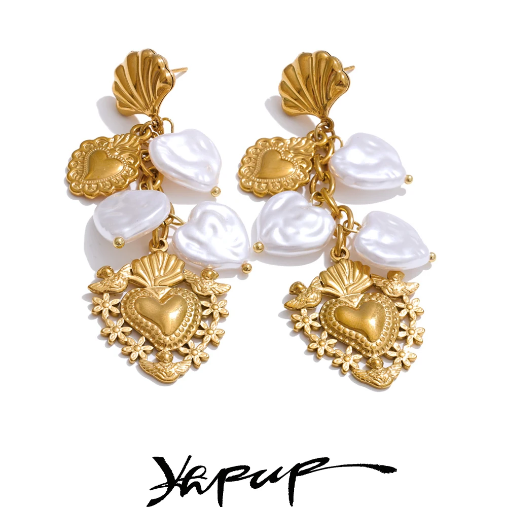 Yhpup Baroque Imitation Pearls Heart Love Drop Dangle Manual Earrings Golden PVD Plated Stainless Steel Charm Statement Jewelry