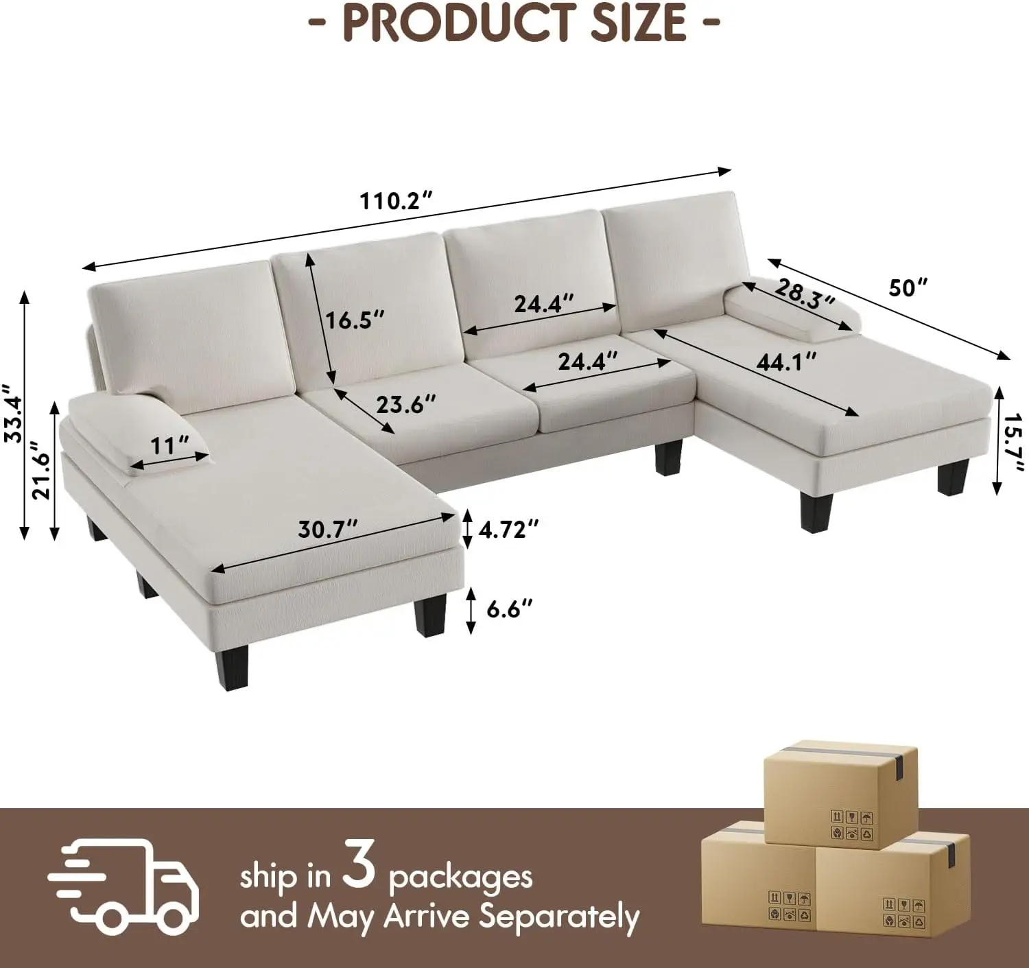 Sectional Couch Living Room Sets Chenille Fabric U-Shaped Sofa with Double Chaises White Removable Cover