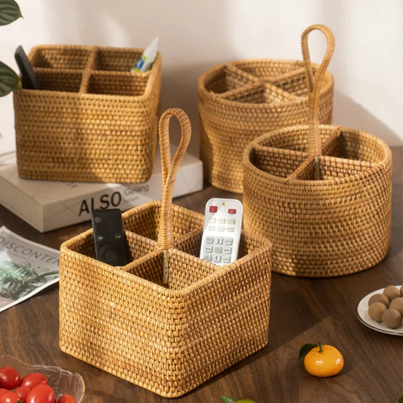 Handwoven Rattan Storage Box With Handle Remote Controller Basket Cell Phone Ornament Boxes Food Container Home Office Organizer