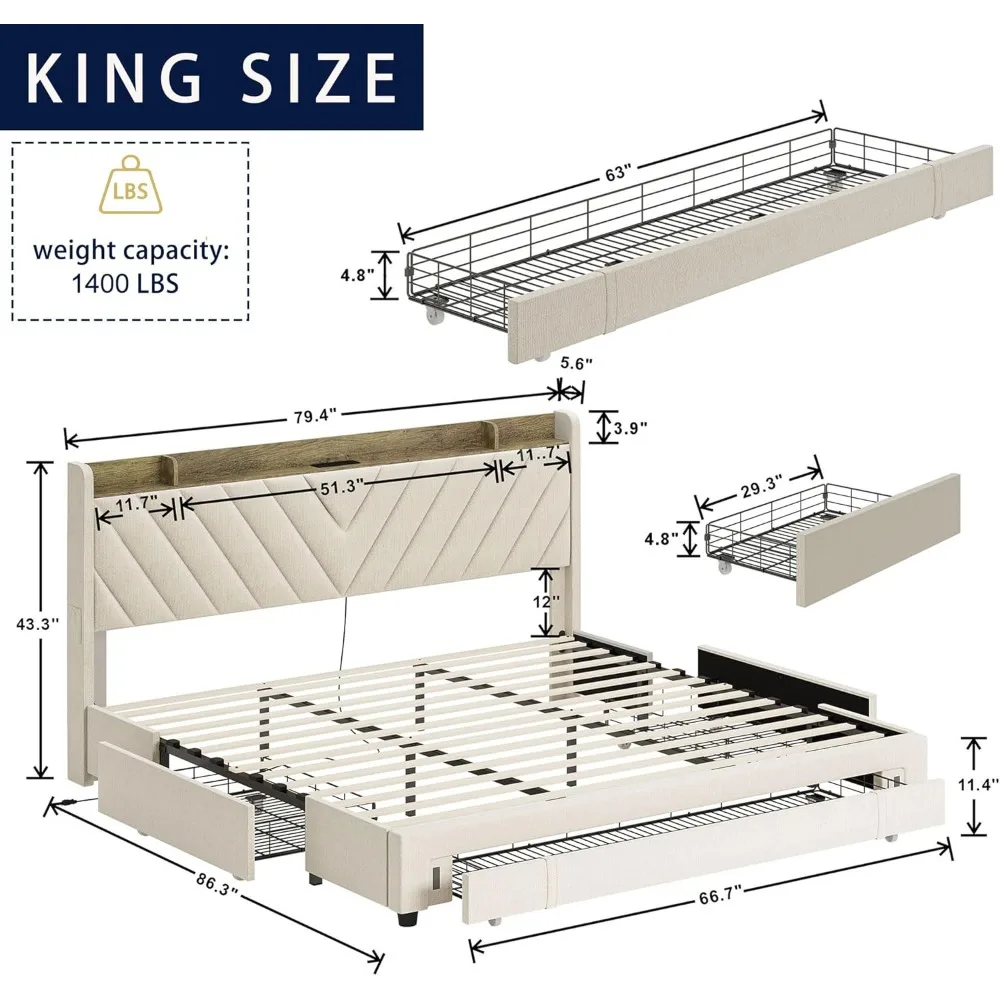 Bed Frame with Headboard, Upholstered Platform Bedframe with 3 Underbed Storage Drawers, AC USB & Type C Charge Station