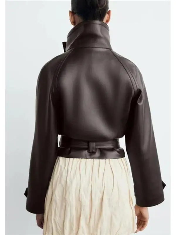 Orth Length Leatherette Jaet مع ياقة واقفة طويلة Sve مزدوجة الصدر إغلاق حزام الخصر الديكور تخفيف Sle You...