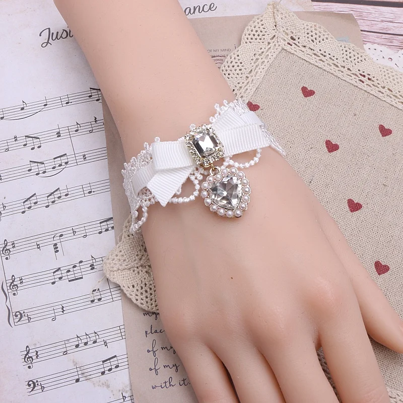 สร้อยข้อมือลูกไม้Lolitaสไตล์Bowknot Rhinestoneผู้หญิงจี้หัวใจหวานCool Y2KสาวHandmadeสร้อยข้อมือ