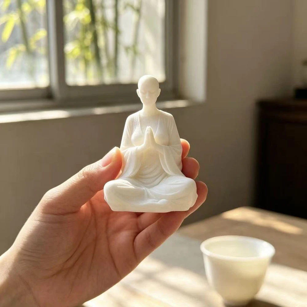 Zen Stone Meditating Female Buddha Statue, Small Buddhist Nun Figurine for Car Dashboard Office Desk Decor Serene Spiritual Gift