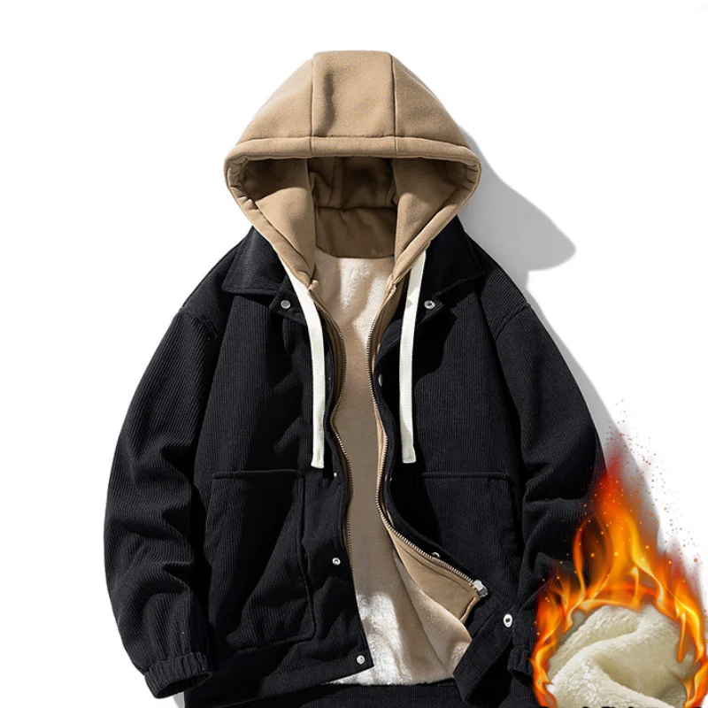 سترة سروال قصير من الصوف السميك للجنسين - سويت شيرت مزيف بغطاء للرأس مكون من قطعتين ملابس خارجية موضة خريف وشتاء #4