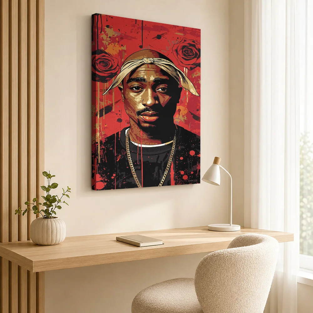 Tupac Shakur Portrait with Roses Framed Canvas Print Poster Personalized Photo Retro Music Wall Art for Bar Decor Ready to Hang