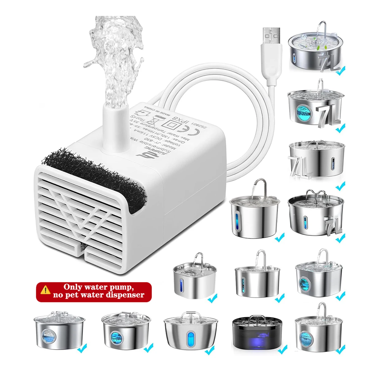 Bomba de Substituição para Fonte de Água para Pets, Luz LED de Desligamento, Bomba de Filtro Ultra Silenciosa Compatível com Dispensador de Água para Gatos de 2.2L/2.6L/3.2L/4L