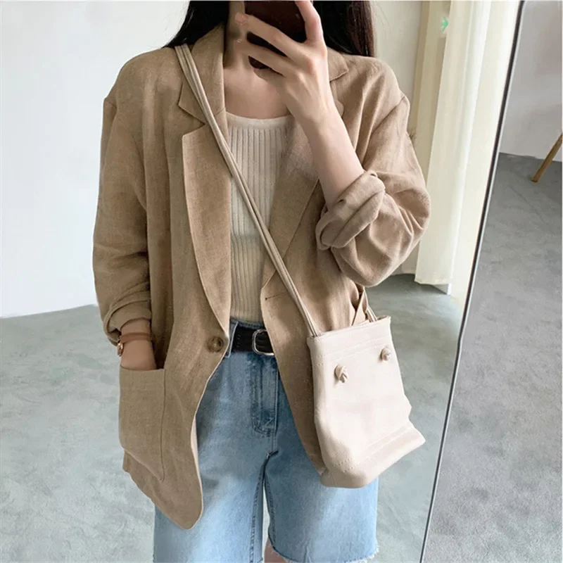 Khaki Women Blazers Single Button Solid Colors Long Sleeve Suits 2024 Spring Autumn Office Lady Plus Size Chic Elegant Blazer