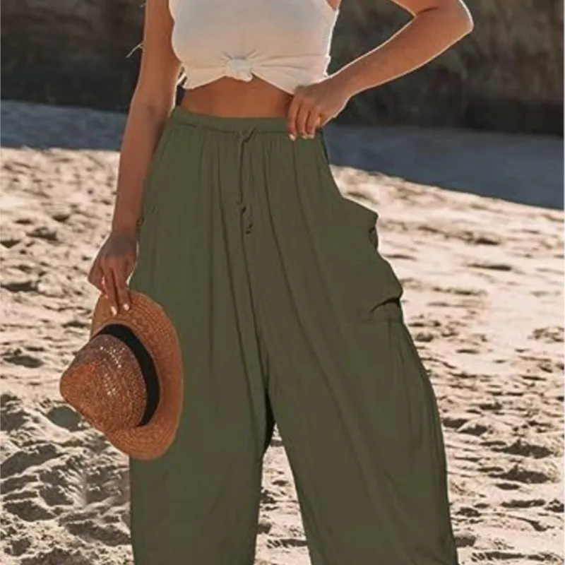 Drawstring Wide-leg Trousers Womens Spring Summer Versatile Loose High-waisted Trousers Vacation Versatile Straight-leg Trousers