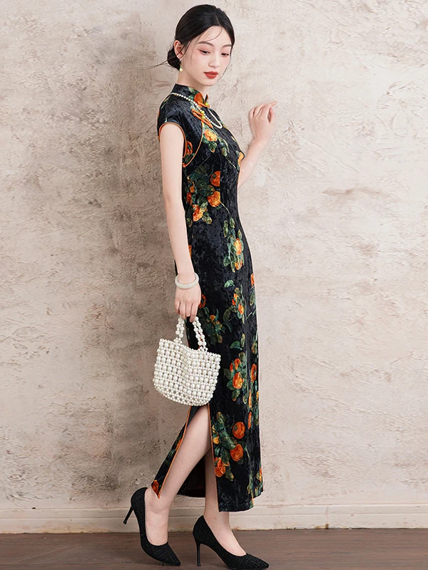 

Revised Velvet Midi Dr Vintage Chinese Sle Daily Wear ort Sve Floral Print Breathable Spring Summer New A...
