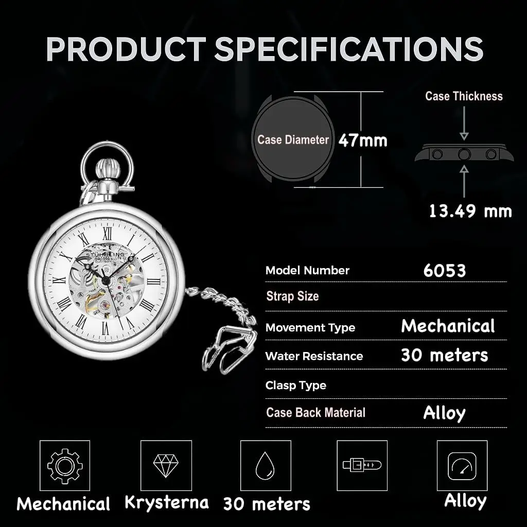Men's Stainless Steel Skeleton Pocket Watch with Hand Wind Mechanical Movement and Chain