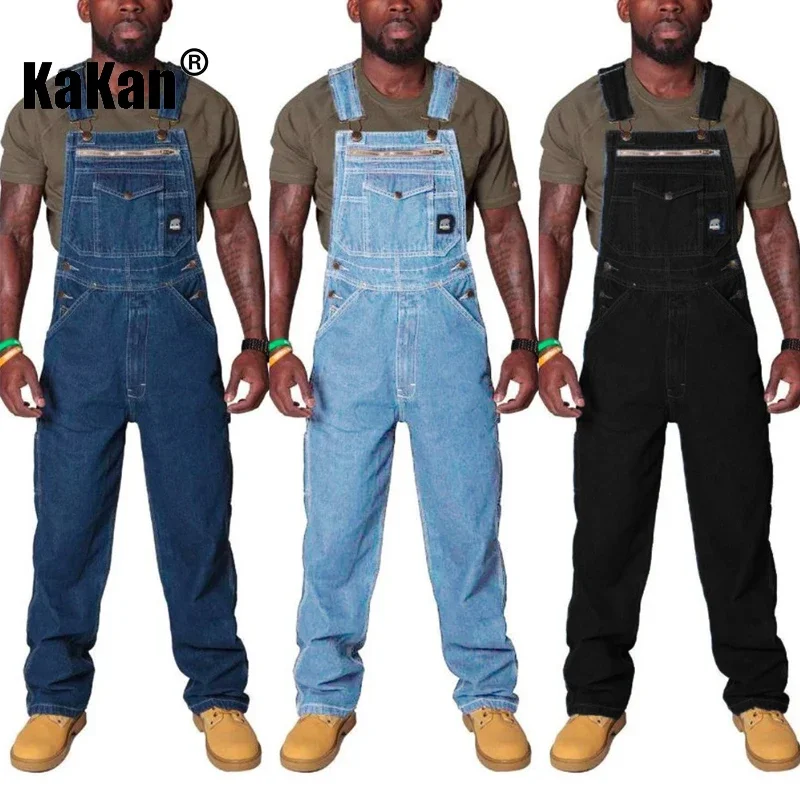 Kakan - New European and American Men's Shoulder Strap Jeans Men's Clothing, Blue Multi Pocket Torn Jumpsuit Long Jeans K34-722