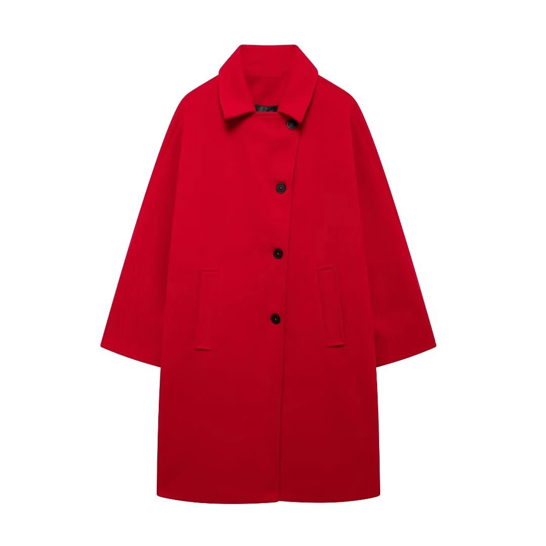 Tangada 2024 Winter Women Solid Oversized Woolen Coat Long Sleeve Lady Red Long Overcoat BE0350