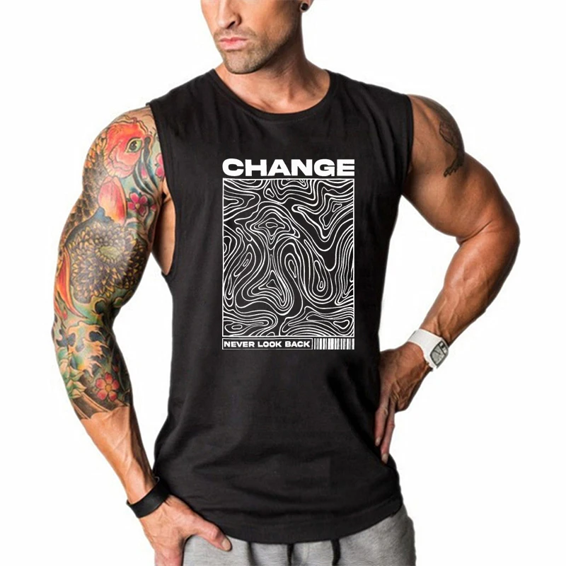 Change Never Look Back Printing Gym Tank Tops Summer Cotton Casual Sports Fitness Clothing Mens Bodybuilding Sleeveless T-Shirts