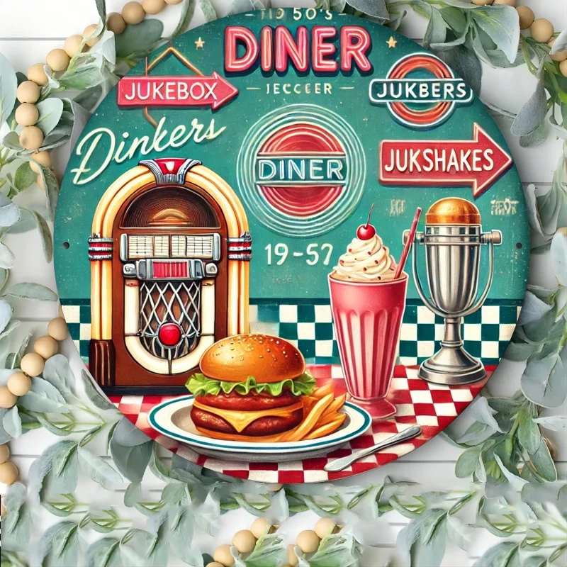 1pc Vintage 1950s Diner Metal Wall Art - 8x8 Inch Retro Aluminum Sign with Jukebox, Milkshake & Burger Design
