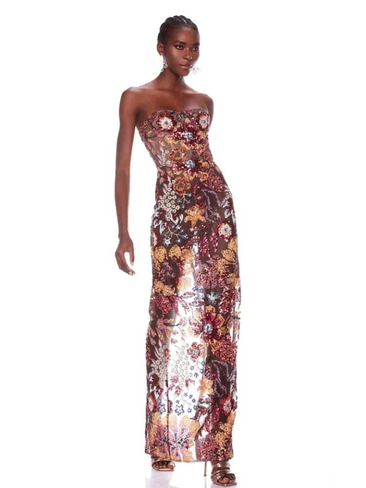 

New Sexy Strapless Floral Sequin Long Dress Women Luxury Sequins Flower Backless Long Slim Dress Evening Party Runway Gown Dress
