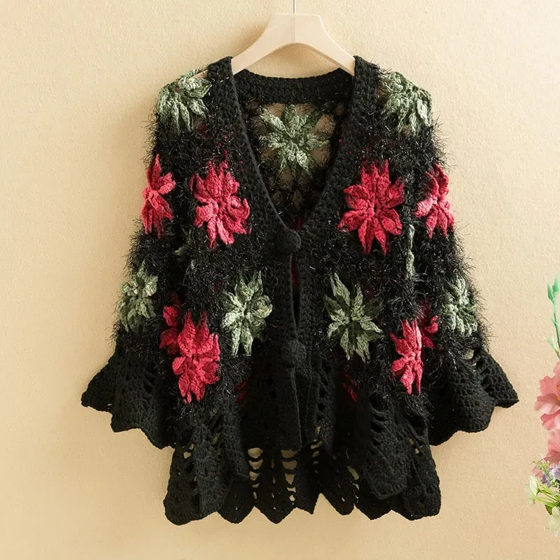 Three-Dimensional Flower Openwork Crocheted Sweater Cardigan Women\'s Spring And Autumn New Heavy Industry Joker Sweater 3XL Coat