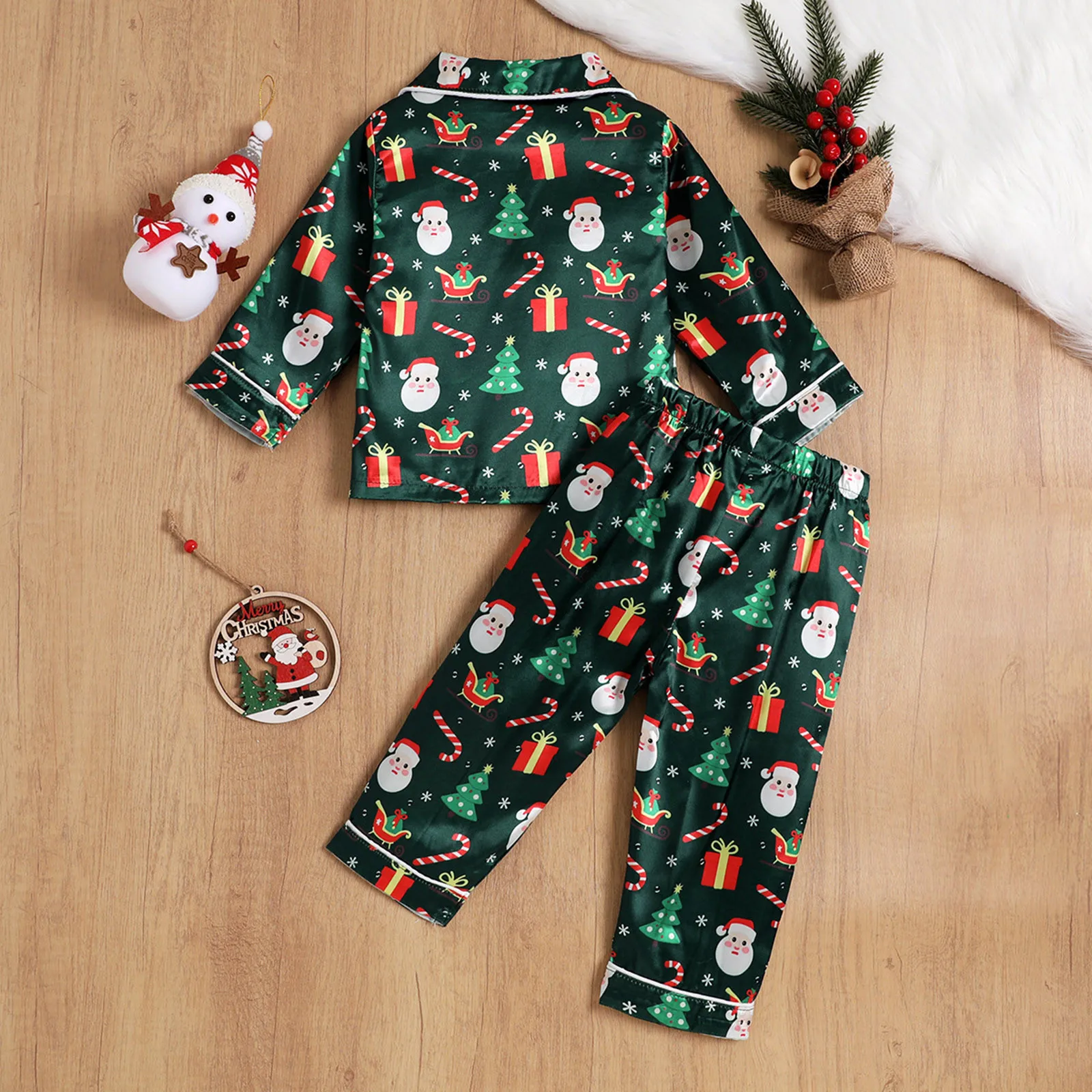 Christmas Toddler Girls Boys Pajamas Set Kids Sleepwear Santa Claus Print Silk Satin Long Sleeve Shirts Tops Pants Lounge Suits