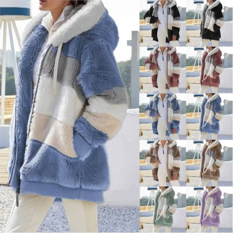 

Women Autumn Winter Striped Patchwork Fleece Hoodie Coat Long Sleeve Loose Zipper Hoodie Sweatshirt Coats Casual Women Jacket