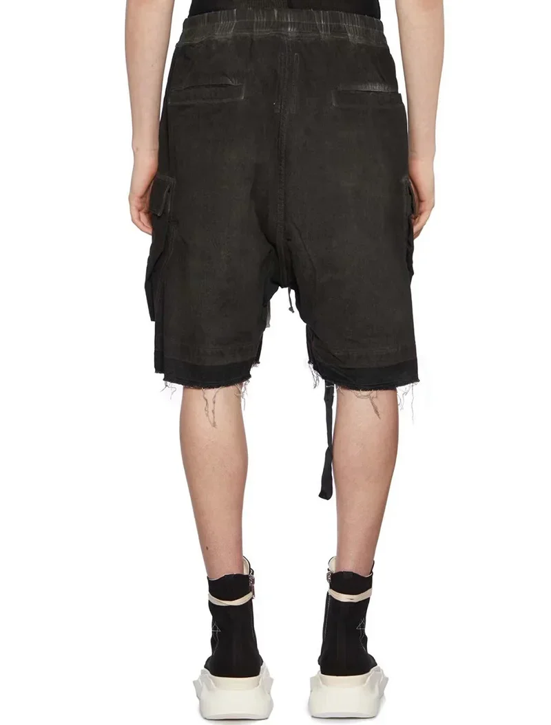 Dark RO High Street Men's Washed and Dyed  Workwear Denim Shorts Cropped Pants Casual Elaxtic Waist Loose Fit Casual Jean Pants